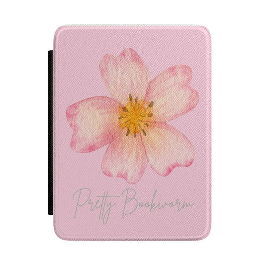 Floral Kindle Case — Pink Watercolor Flower "Pretty Bookworm" Cover