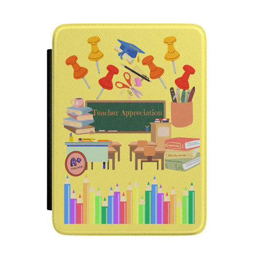 Teacher Appreciation Kindle Case — Colorful Classroom Icons, Books & Pencils